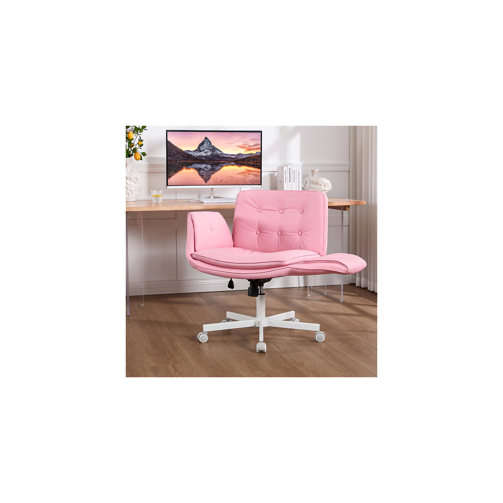 Luii Criss Cross Home Office Chair with wheels and arms, Pink, White