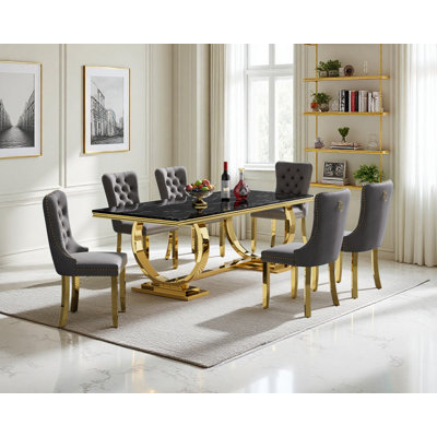 Luxury 68" Faux Marble Dining Table Set, Modern Dining Room Table with Dining Chairs, Black Dining Table with Faux Marble Top & Stainless Steel Pedestal, Large Dining Table and Chairs Set for Home Furniture