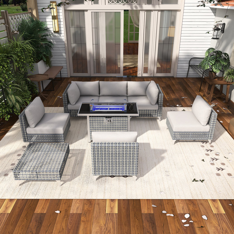 8-Piece Patio Conversation Set With Propane Fire Pit Table, Coffee Table, Grey Cushion/Grey Frame