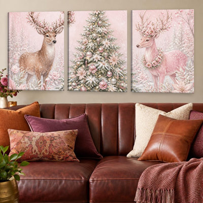 Cerf de Noël rose et arbre fantaisiste, reproduction d'art sur toile pour le salon, la chambre à coucher, le bureau, le couloir, le vestibule, le mur de la galerie et la décoration intérieure moderne