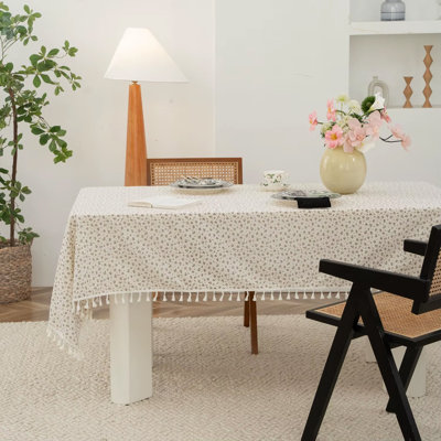 Spring Floral White Cotton Tablecloth with Tassel – 56" W X 72" L