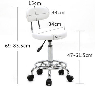 Tabouret roulant blanc avec dossier, tabouret pivotant réglable en hauteur pour salon de coiffure, tabouret rond en similicuir avec roulettes pour bureau, salon de coiffure et usage domestique