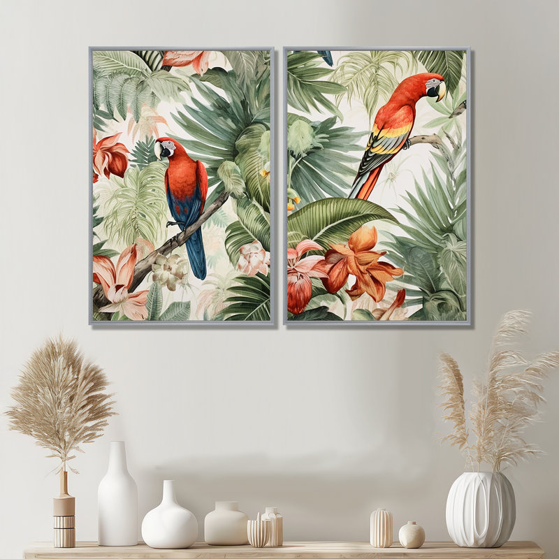 Perroquet au paradis I - Art mural perroquet animaux, 36" H x 48" W, Floater Framed Print without Mat, Silver