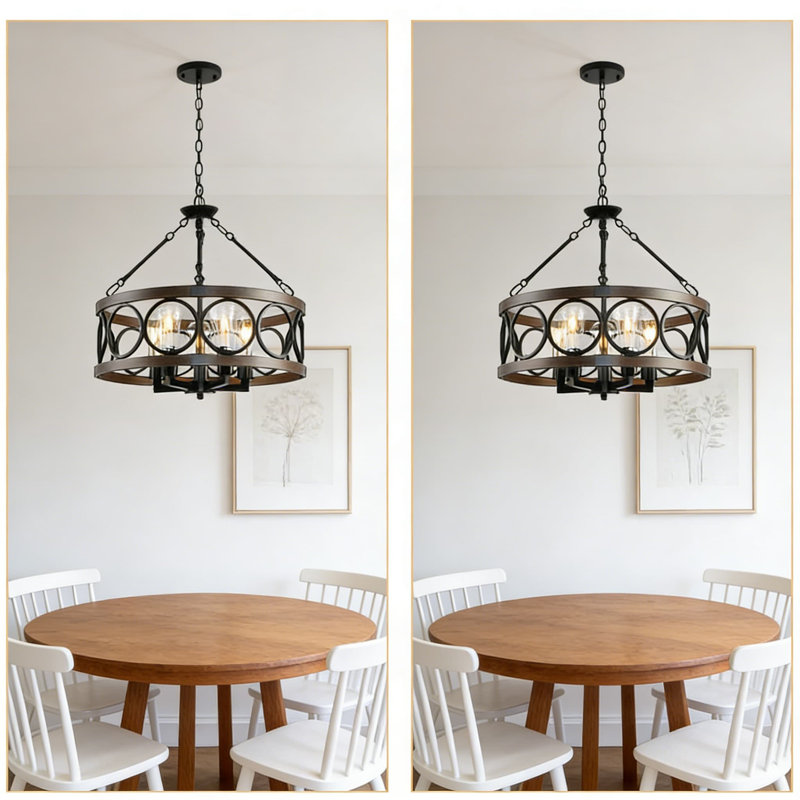 Plafonnier semi-encastré 5 lumières avec chaîne réglable, lustre rustique de style campagnard avec grain de bois et design en métal noir pour la salle à manger et la cuisine