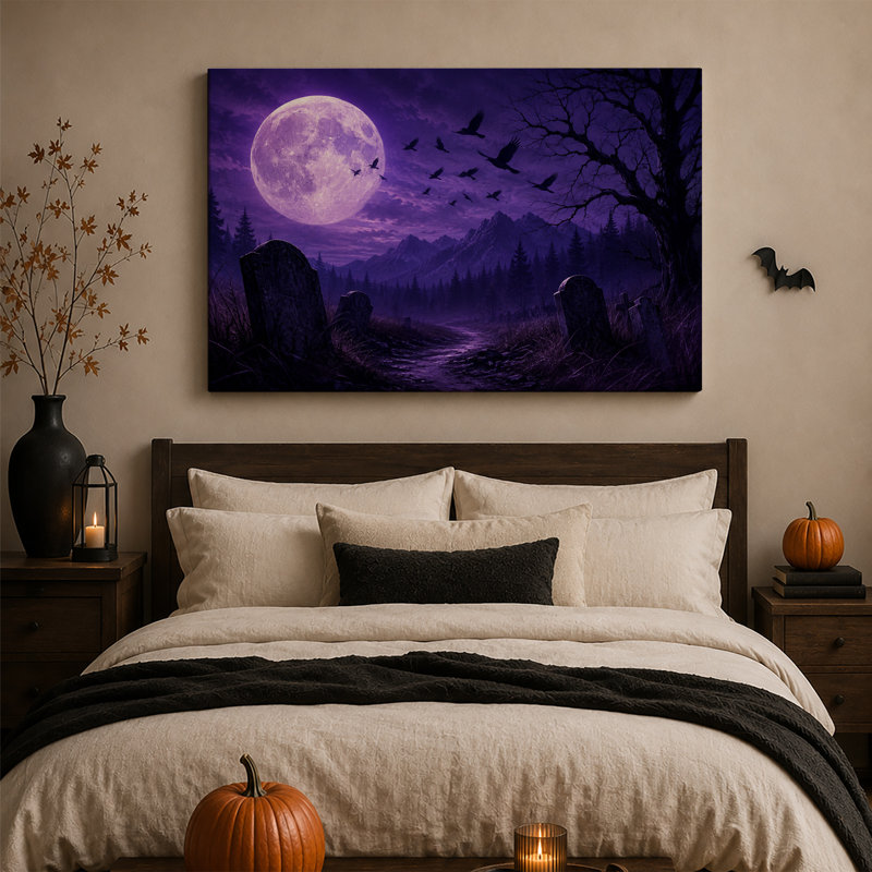 Lune violette et corbeaux volants au-dessus d'un chemin de cimetière - Toile murale d'Halloween, 28"H x 40"W