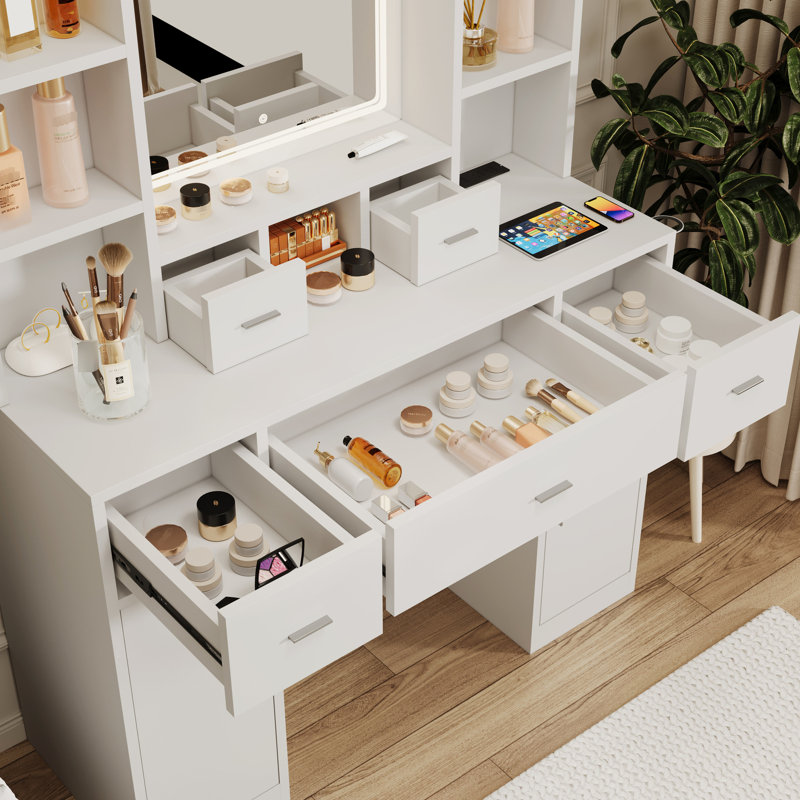 Coiffeuse pour chambre à coucher avec surface de rangement facile à utiliser, Blanc
