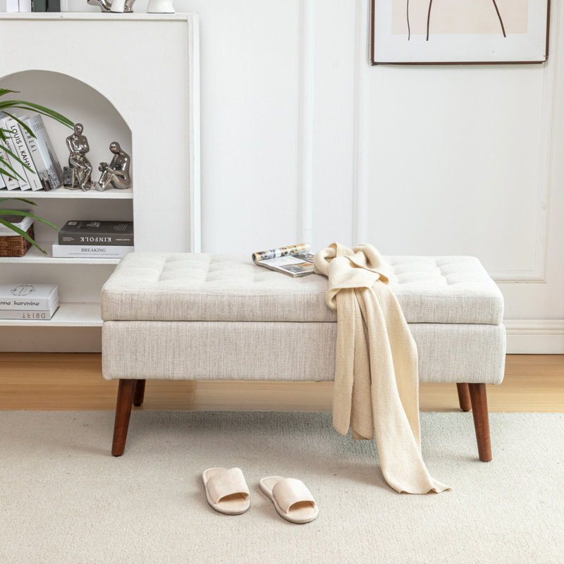 Tufted Storage Ottoman Bench | Solid Wood Legs, Safety-Hinged Lid for Bedroom End of Bed & Entryway, Off White