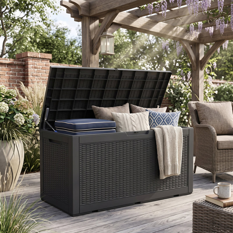 PawsomePad 100 gallons Boîte de rangement extérieure, contenant de terrasse en résine imperméable avec couvercle verrouillable, organisateur de patio pour coussins et outils de jardin, noir