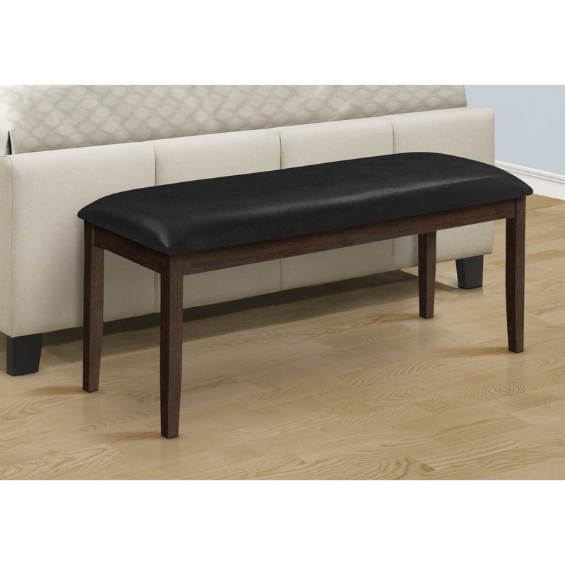 Bench, 48" Rectangular, Dining Room, Hallway, Entryway, Upholstered, Wood, Brown Solid Wood, Black Leather-Look, Transitional
