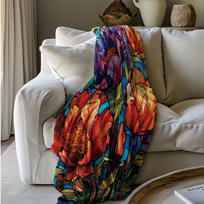 Fleurs en vitrail - couverture en sherpa de qualité supérieure 1 pièce, Grand lit
