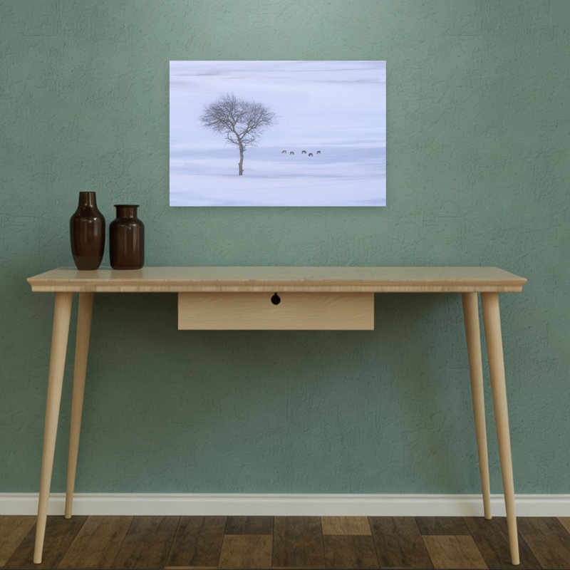 " Winter Deer And Bare Tree Ethereal Minimalist Peaceful Deer Horse Landscape Nature Wall Art Print " Print