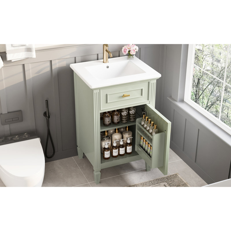 Meuble-lavabo de 20 po avec lavabo, tablette réglable, tiroir inclinable et bois d'hévéa pour les petits espaces de vie