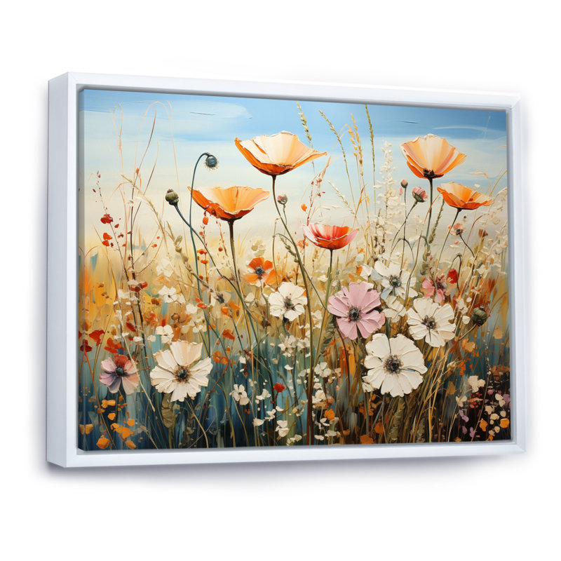 Fleurs sauvages, symphonie florale sur toile, Cadre flottant blanc, H 34 po x l 44 po x P 1,5 po