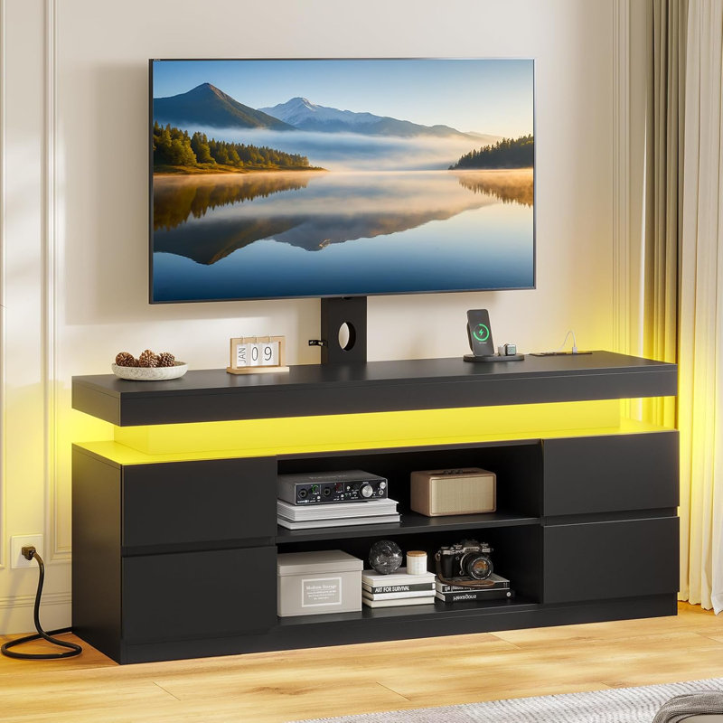 Tv Stand With Mount And Power Outlet, Tv Mount Up To75 Inch Tv, Modern Led Tv Stand With Shelves & 4 Drawers And Black Entertainment Center