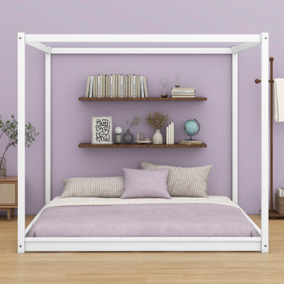 Solid Wood King Size Canopy Platform Bed With Slats Support,Low Platform Bed With Wooden Support Legs