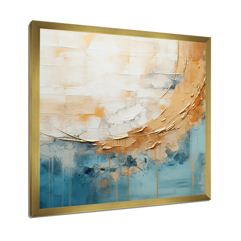 Peinture dorée et bleue Fusion I - peinture abstraite, art mural, Cadre doré simple, H 16 po x l 16 po x P 1 po