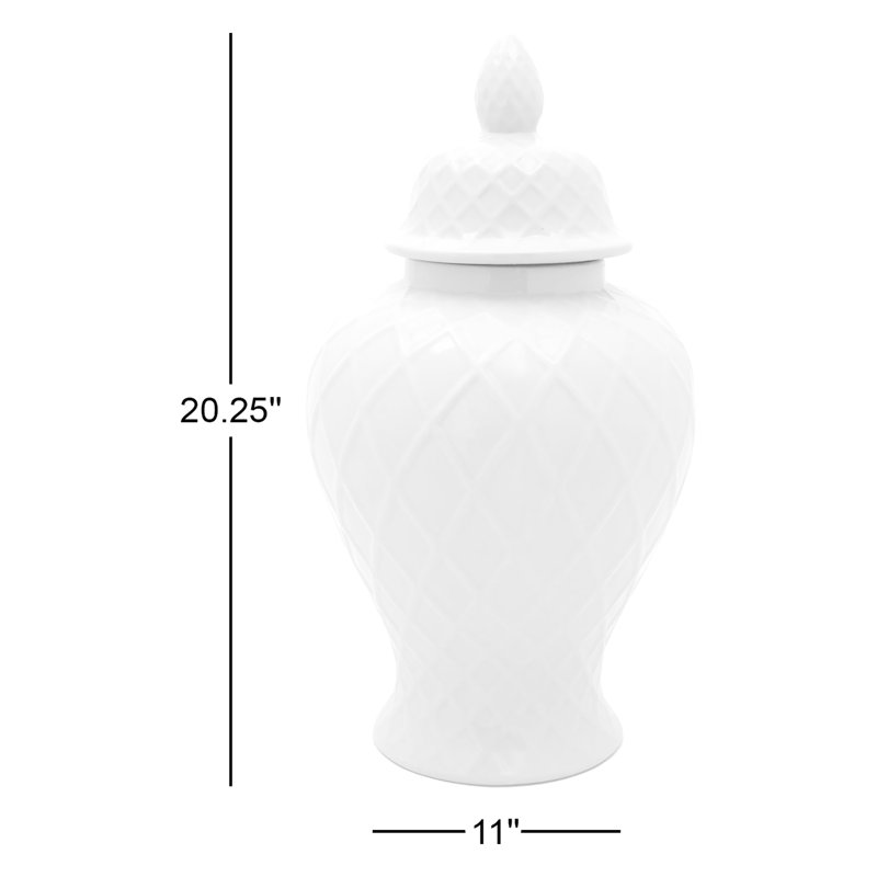 19.5" Diamond Pattern Antique White Temple Jar, White
