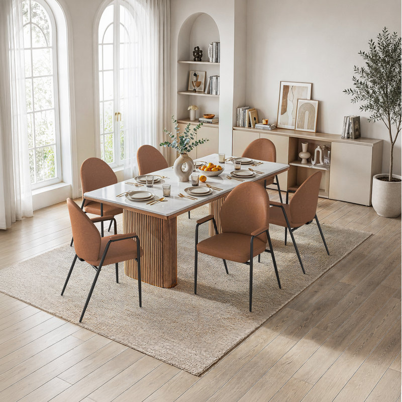 Upholstered 19.3"H Metal Fram Dinning Chair with Arms(Set of 6), Faux Leather Brown