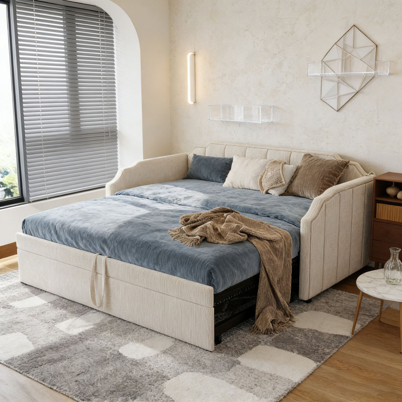 Twin Size Upholstered Daybed with Pop-Up Trundle & USB Charging Ports, Beige