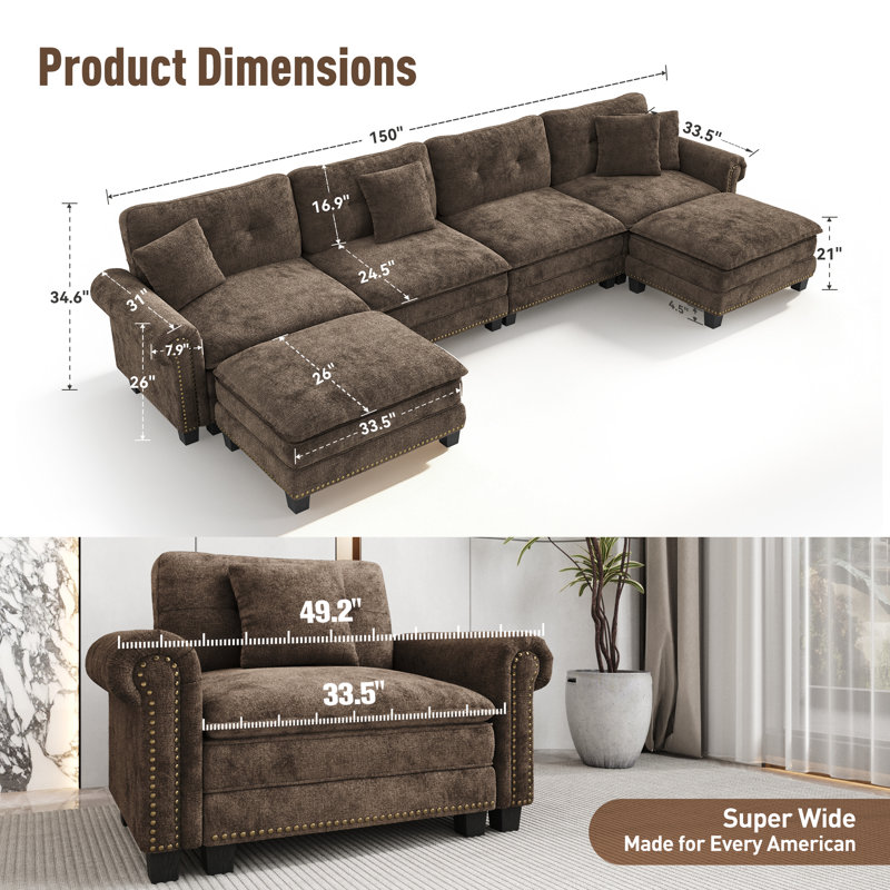 Canapé modulaire de 150 po avec 2 repose-pieds, surdimensionné et profond en chenille avec garniture cloutée