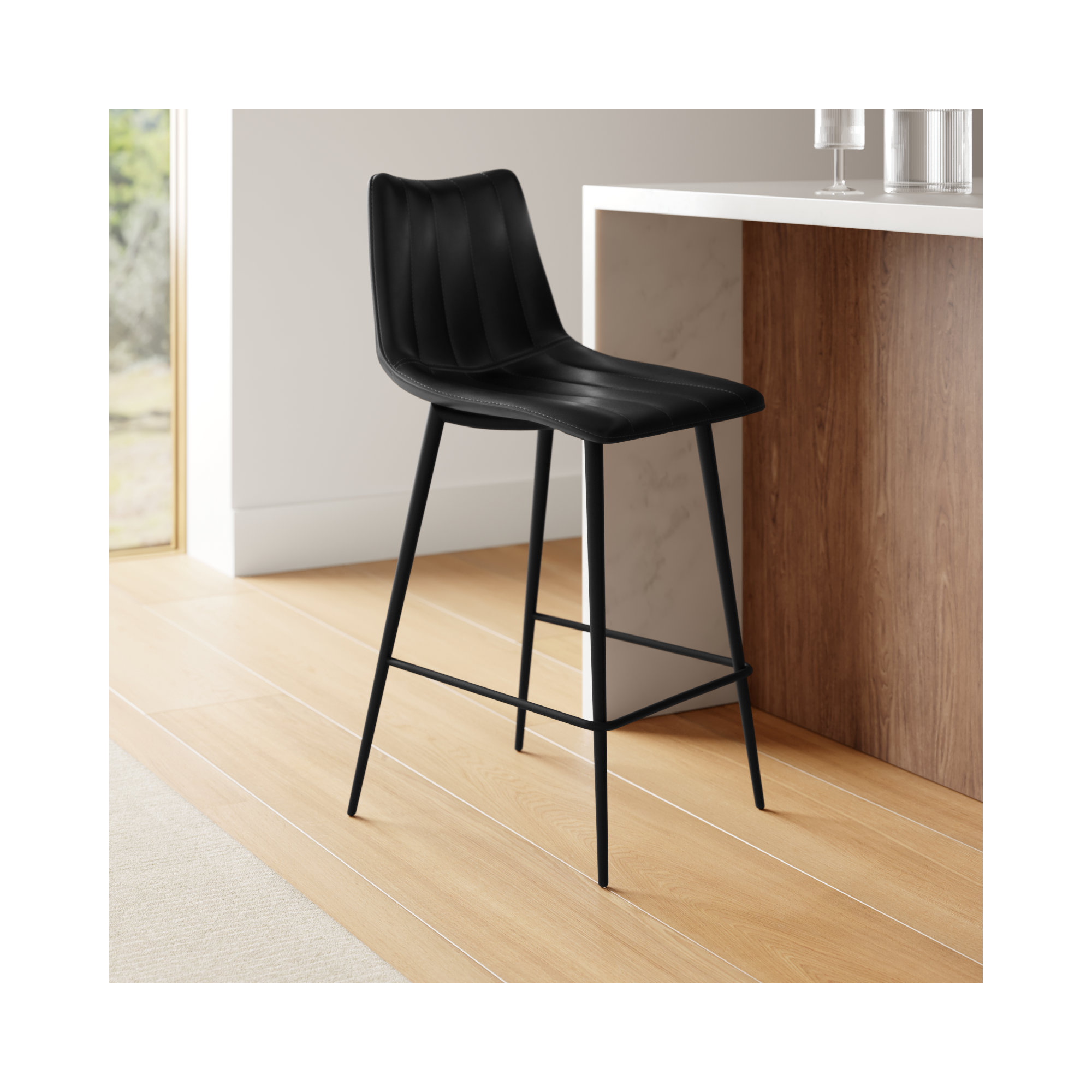 Finnigan Counter & Bar Stool, Black/Faux Leather, Counter Stool (26" Seat Height)