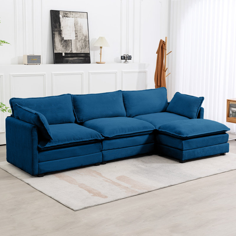 Canapé modulaire en L 112 po 4 pièces Redenius, Velours côtelé bleu marine
