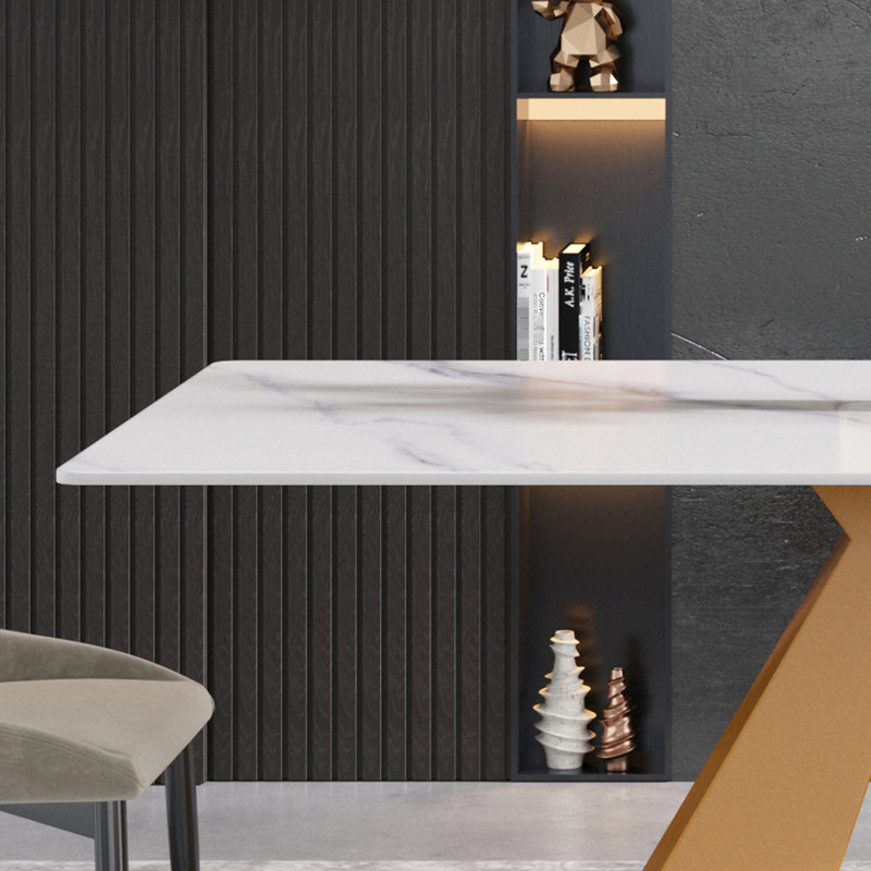 Table de salle à manger moderne 63 po blanche avec panneau en pierre frittée de 12 mm d'épaisseur et pieds en métal doré - 6 places, rayure, capacité de chaleur 6, teinture facile