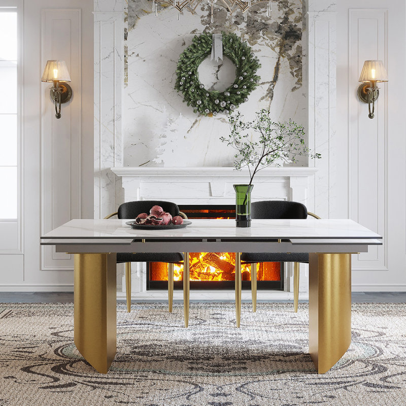 Subrati 63'' to 94.5” Rectangular  Extendable Dining Table with Sintered Stone Tabletop and Stainless Steel Base For 8-10