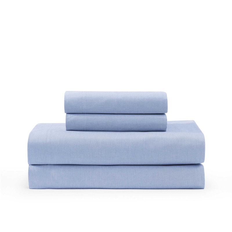 Tommy Hilfiger Cotton Chambray Sheet Set, Blue, Twin Extra Long Sheet Set with 3 Additional Pieces