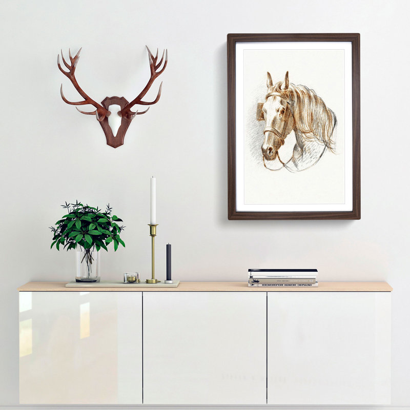 Head of a Horse with Blinkers by Jean Bernard - Picture Frame Drawing Print, 48cm H x 36cm W x 2cm D, Walnut Framed