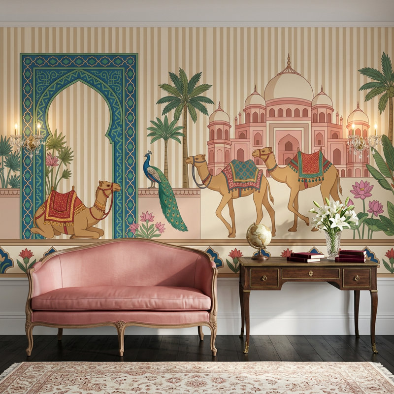 Papier peint mughal palais indien avec décoration de chameaux amovibles, Non tissé, 140 po x 108 po