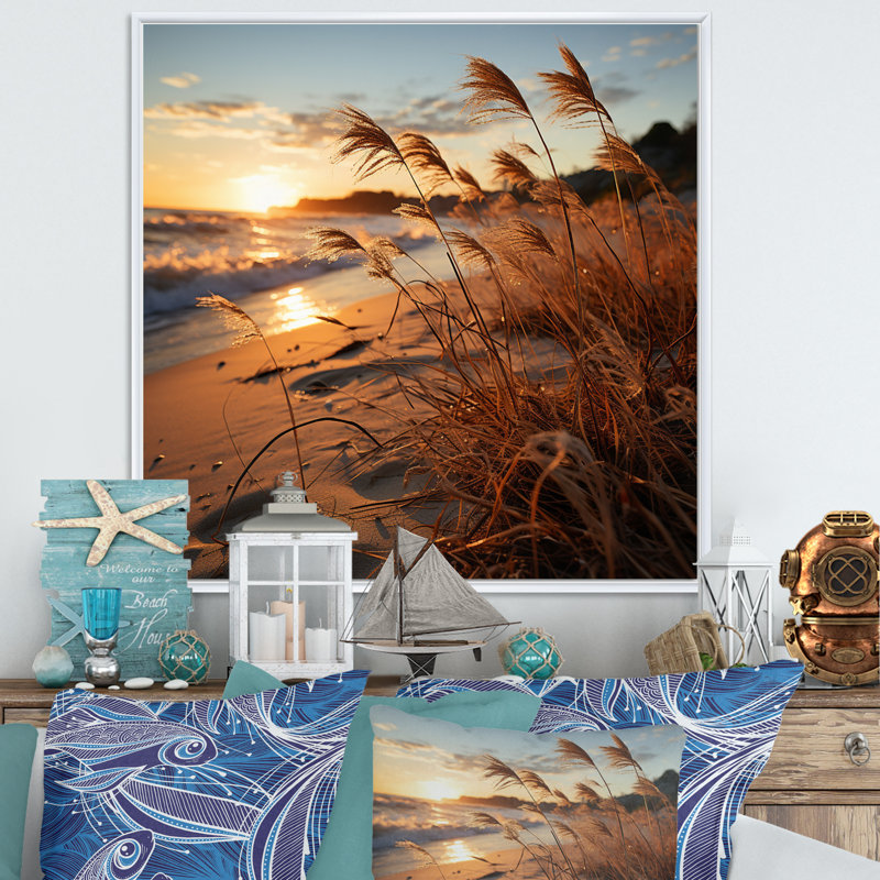 Brise de plage au lever du soleil V, H 36 po x l 36 po x P 1,5 po, Cadre flottant blanc