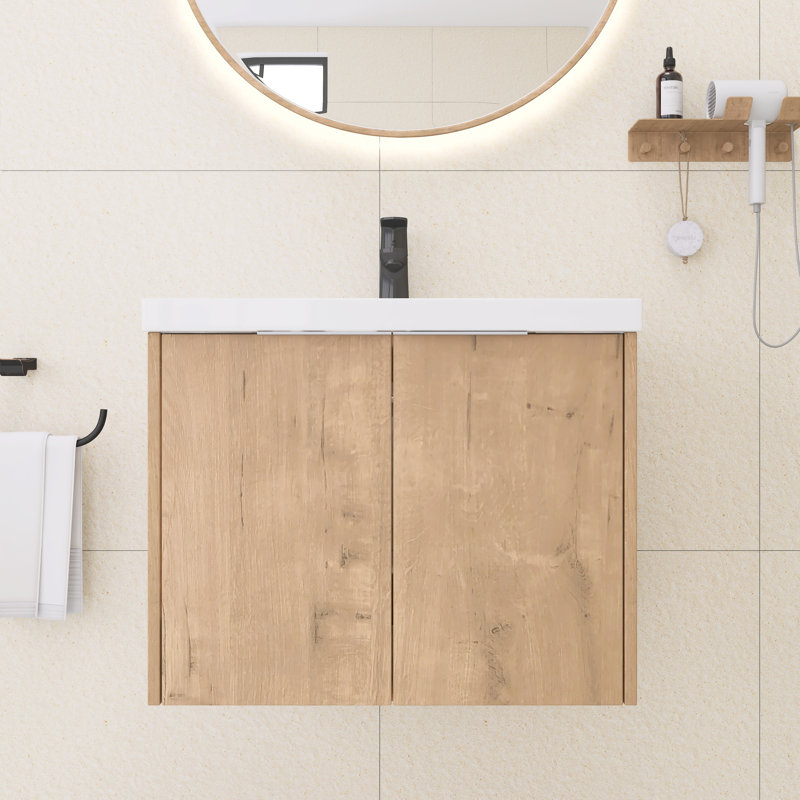 Meuble-lavabo flottant 24 po avec lavabo en résine imitation chêne, Imitation chêne, 24"