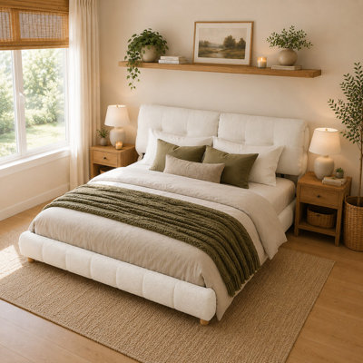 Bouclé Upholstered Platform Bed with Wood Legs