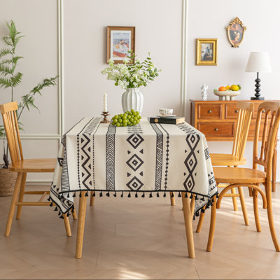  Handblock Print Tablecloth for Square Tables, Geometry Table Cover with Fringed Edges, Decorative Tablecloth for Kitchen and Dining Room,59"x 70"