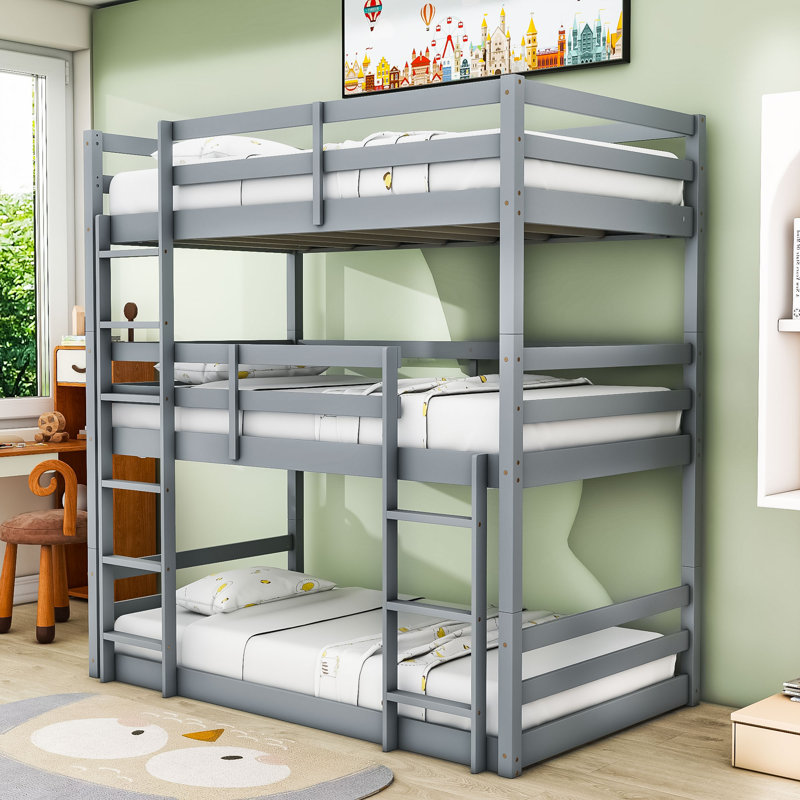 Wood Triple Bunk Bed With Two Built-In Ladders And Guardrails, Gray