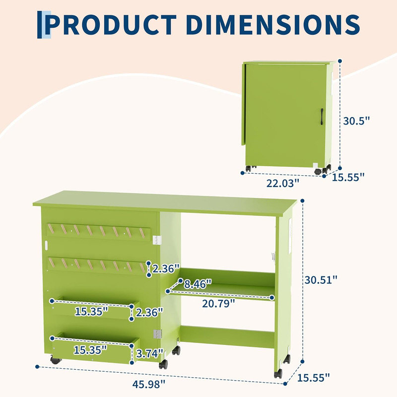 Table pliable de couture et d'artisanat avec station de charge - roues verrouillables, plateaux de rangement, bureau peu encombrant