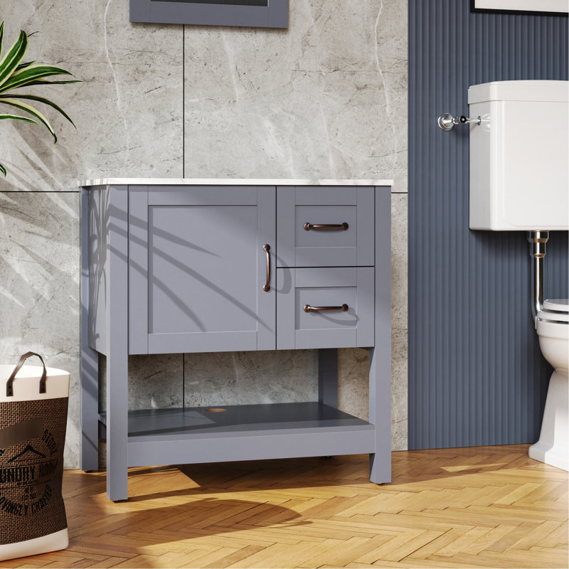 Meuble-lavabo pour salle de bain de 30 po gris - Briser, égratigner, résistant à l'huile, teinture, bleu foncé, évier à élément tranquille, poignée en bronze chic, bleu