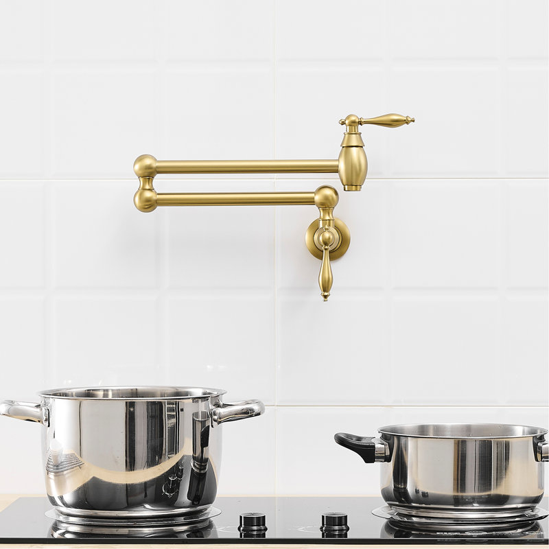 Brushed Gold Kitchen Pot Faucet, Wall Mount Commercial Filler Faucet With Double Joint Swing Arms, Brass Material, Dual Handles, Safe Leak Design In Gold, Folding 360 Rotation Cold Or Hot Water