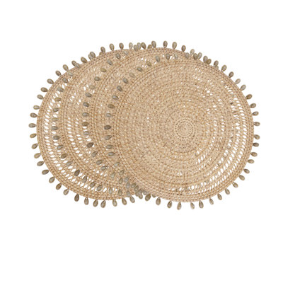 Rattan & Shell Beaded Round Placemats (Set of 4) – Handwoven Natural Fiber Design for Dining, Entertaining & Layered Table Styling, 15"