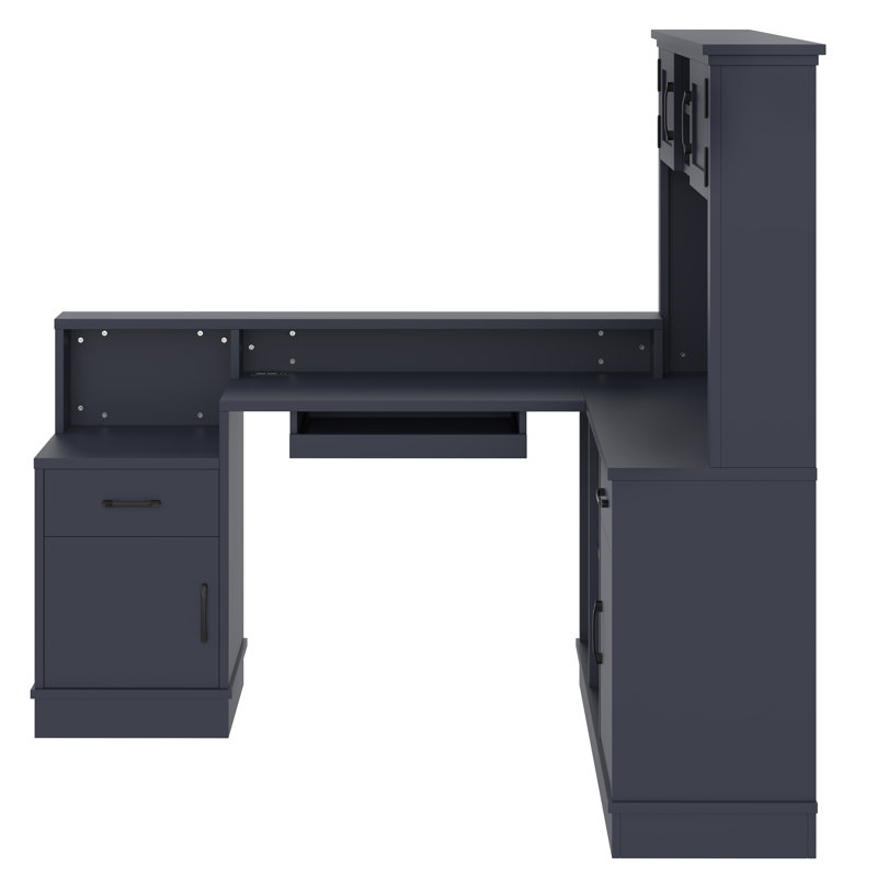 L-Shaped Computer Desk With Outlet, Drawers, Bookshelf, Modern Corner Desk, L-Shaped Study Table Writing Desk,Corner Gaming Computer Desk With Storage,Blue
