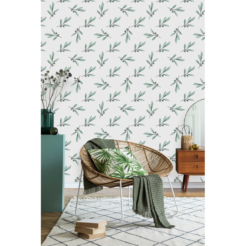 Papier peint blanc avec baies et feuilles