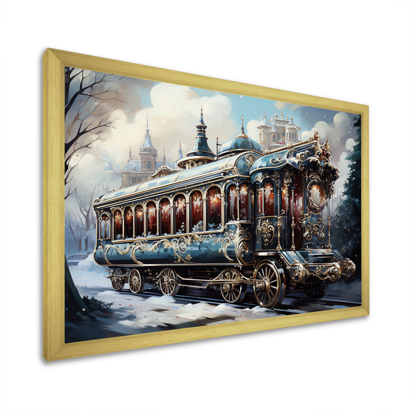 Voyage en train de Noël I - train, art mural, Cadre doré à coins fermés, H 24 po x l 32 po x P 1 po