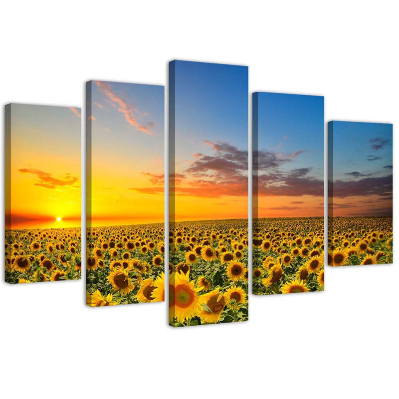 Sunflowers At Sunset - 5 Piece No Frame Print on Canvas, 100cm H x 200cm W