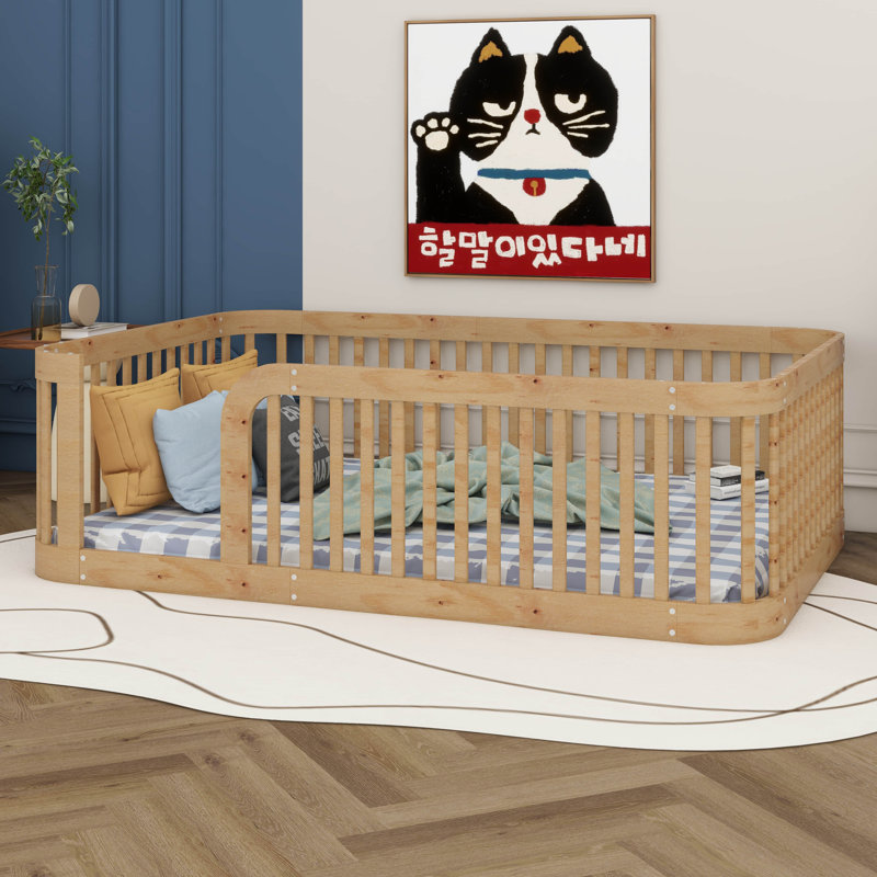 Full Size Montessori Floor Bed Frame With Fence, No-Slat Design For Creative Play, DIY Space, Solid Wood Safety Guardrail