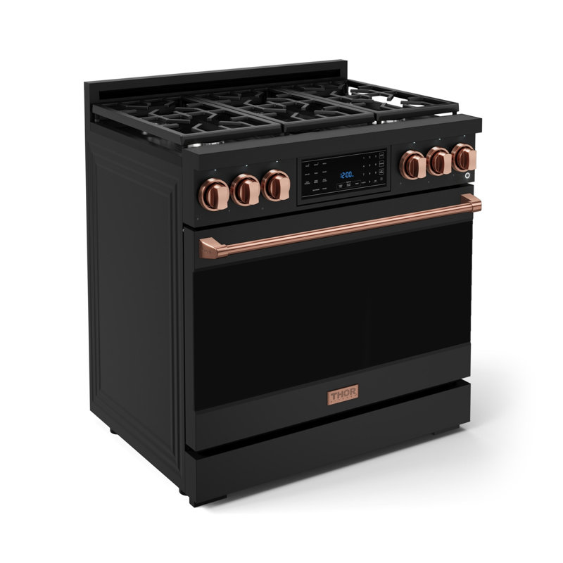 Cuisinière au gaz professionnelle de 36 po avec panneau tactile inclinable Gordon Ramsay de THOR Kitchen, Noir mat / Or rose