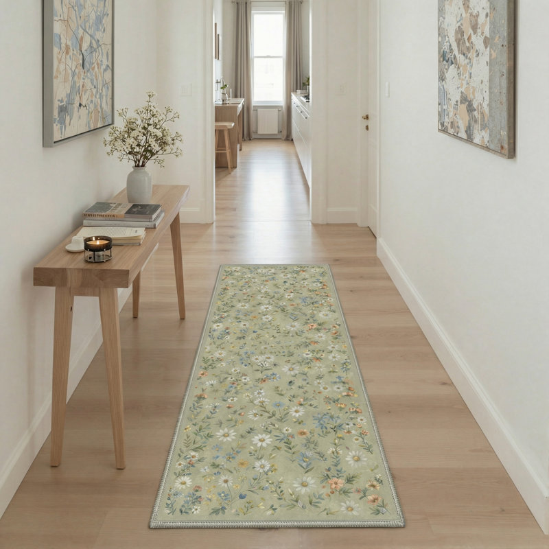 Tapis d'intérieur vert / blanc / bleu lavable à la machine Cogswell Botanica avec envers antidérapant