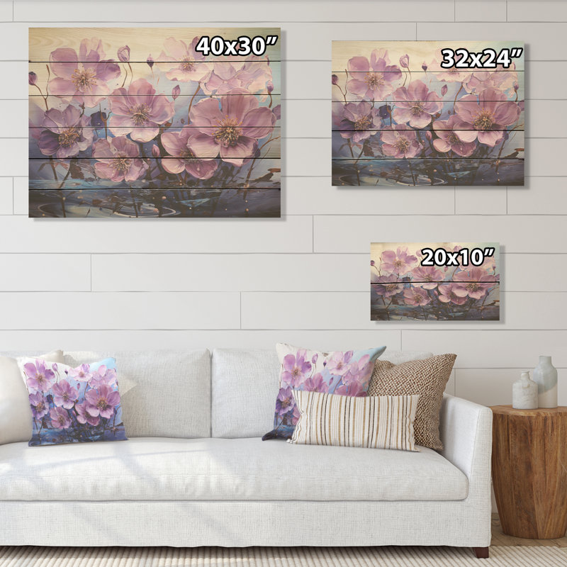 Violet Flower Meadow Harmony I - Flower Field Wood Wall Art On Natural Pine Wood, 24" H x 32" W