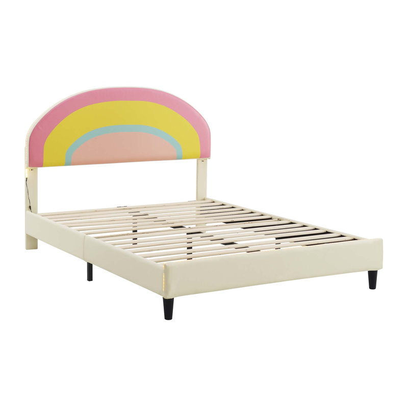 Full Size Upholstered Platform Bed With Rainbow Shaped And Height-Adjustbale Headboard,LED Light Strips