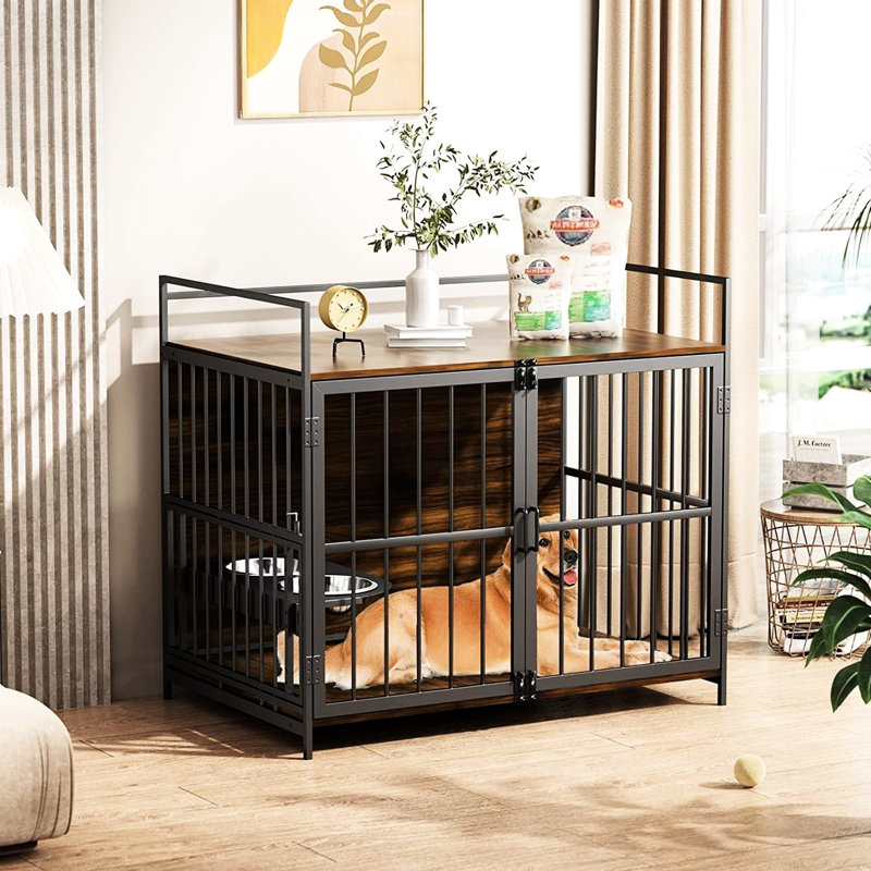 Cage d'intérieur pour chien de 41 po, cage robuste pour les grandes races avec construction à mâcher et cage d'alimentation, construction de mangeoire réglable pour chiens